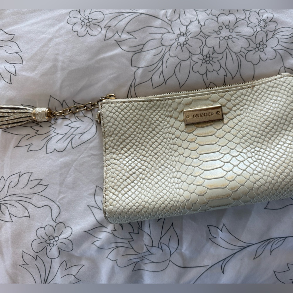 Brahmin Cream Snake-Embossed Clutch